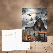 ブラック&ホワイト幽霊のよく出るバーンパンプキンハッピーハローウィン シーズンポストカード