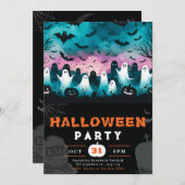 ブラック&ホワイト幽霊墓地不気味なスカイハロウィーン 招待状 (正面/裏面)