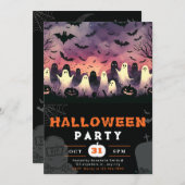 ブラック&ホワイト幽霊墓地不気味なスカイハロウィーン 招待状 (正面/裏面)