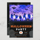 ブラック&ホワイト幽霊墓地不気味なスカイハロウィーン 招待状 (正面/裏面)