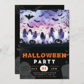 ブラック&ホワイト幽霊墓地不気味なスカイハロウィーン 招待状 (正面/裏面)
