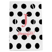 ブラック&ホワイト水玉模様ピンクモノグラム名前をカスタムする ミディアムペーパーバッグ (正面)