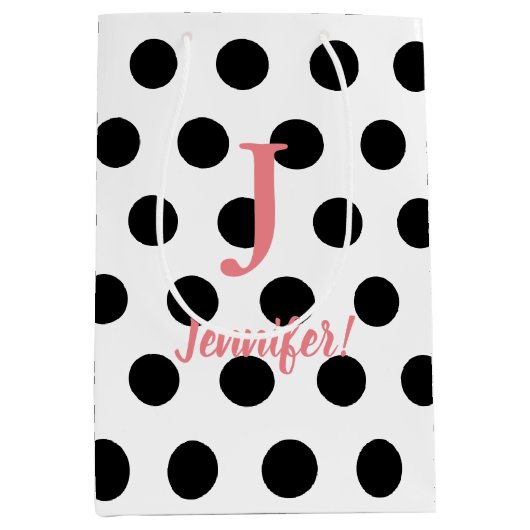 ブラック&ホワイト水玉模様ピンクモノグラム名前をカスタムする ミディアムペーパーバッグ (正面)