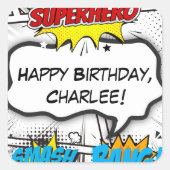 ブラック&ホワイト漫画ブックスーパーヒーローバースデーパーティー スクエアシール (正面)