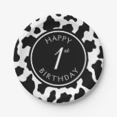 ブラック&ホワイト牛プリントカウボーイファースト1歳 ペーパープレート (正面)