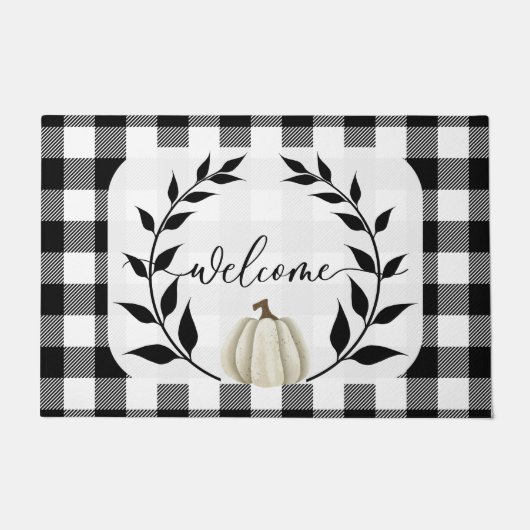ブラック&ホワイト秋ウェルカムマットオータムカボチャ ドアマット (正面)