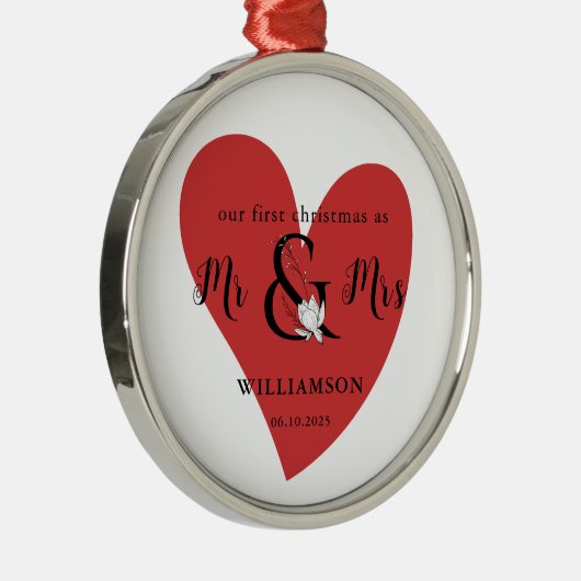 ブラック&ホワイト第1回クリスマス赤いハート メタルオーナメント (右)
