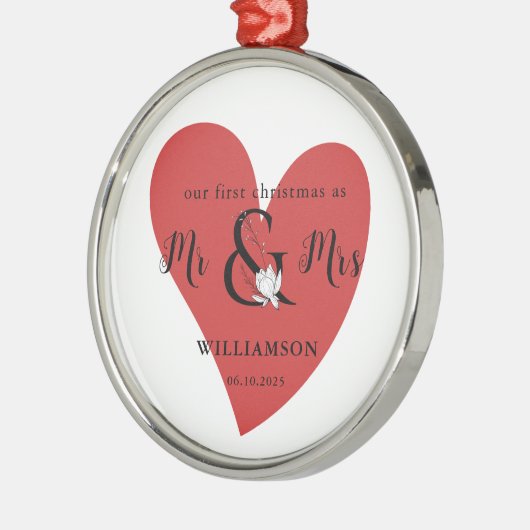 ブラック&ホワイト第1回クリスマス赤いハート メタルオーナメント (左)