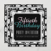 ブラック&ホワイト華美12月50日バースデーパーティー 招待状 (正面/裏面)