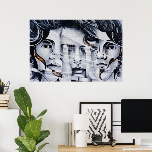 ブラック&ホワイト顔グラフィティ通りアート写真 ポスター (ホームオフィス)