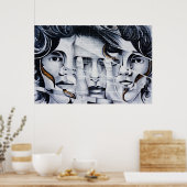 ブラック&ホワイト顔グラフィティ通りアート写真 ポスター (キッチン)