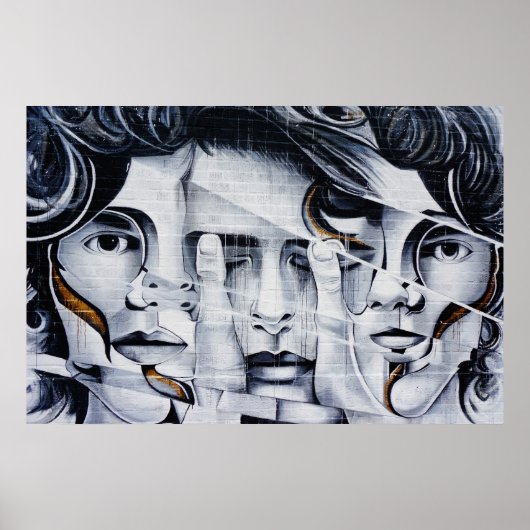 ブラック&ホワイト顔グラフィティ通りアート写真 ポスター (正面)