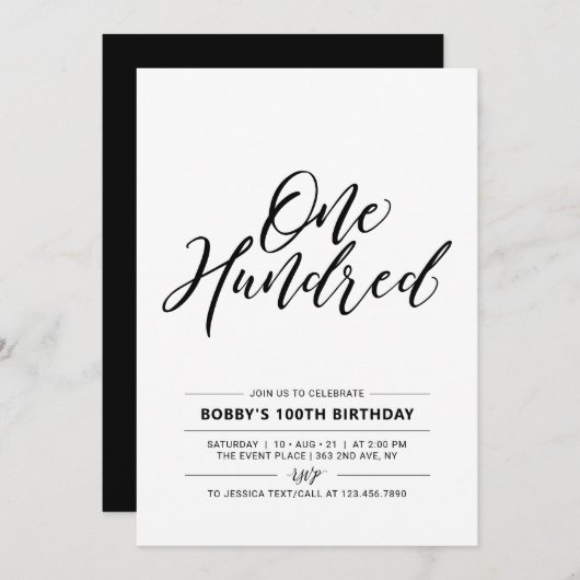 ブラック&ホワイト100歳ミニマル誕生日パーティー 招待状 (正面/裏面)