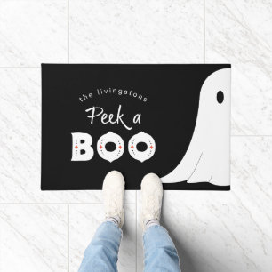 ブラック ホワイト かわいい ピーカブー おばけ ハロウィン ドアマット