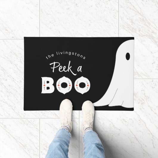 ブラック ホワイト かわいい ピーカブー おばけ ハロウィン ドアマット (室内)