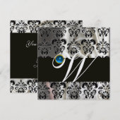 ブラック ホワイト アイス シルク ダマスク モノグラム ブルー サファイア 招待状 (正面/裏面)