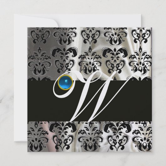 ブラック ホワイト アイス シルク ダマスク モノグラム ブルー サファイア 招待状 (正面)