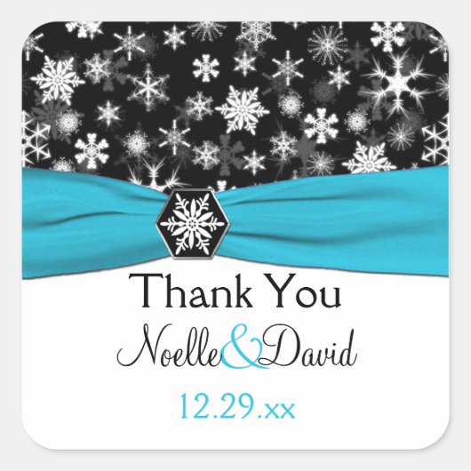ブラック、ホワイト、アクアスノーフレーク結婚のステッカー スクエアシール (正面)
