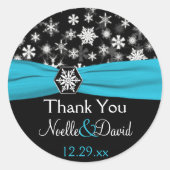 ブラック、ホワイト、アクアスノーフレーク結婚のステッカー ラウンドシール (正面)