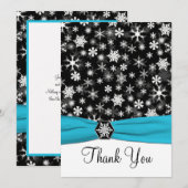 ブラック、ホワイト、アクア スノーフレーク ありがとうカード-フラット 招待状 (正面/裏面)
