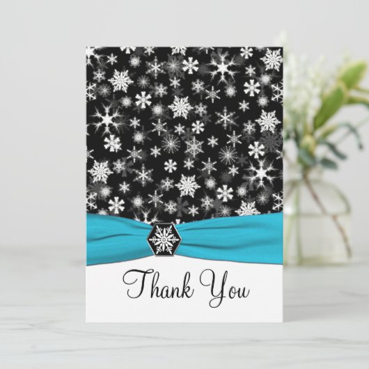 ブラック, ホワイト, アクア スノーフレーク 感謝カード-フラット 招待状 (スタンド正面)