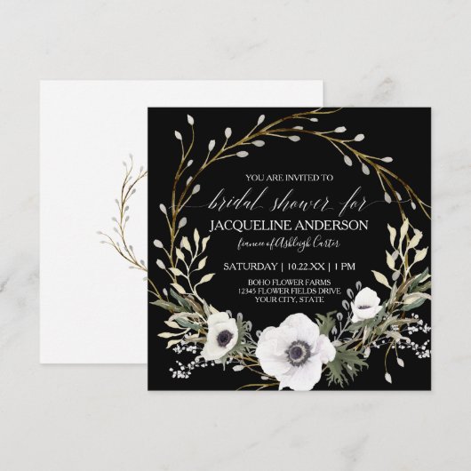 ブラック ホワイト アネモネ ユーカリ グリーンブライダルティー 招待状 (正面/裏面)
