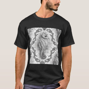 ブラック&ホワイト アンティーク ヴィクトリア調 タツノオトシゴ ダマスク Tシャツ