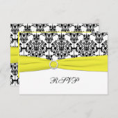 ブラック, ホワイト, イエロー ダマスク RSVP カード (正面/裏面)