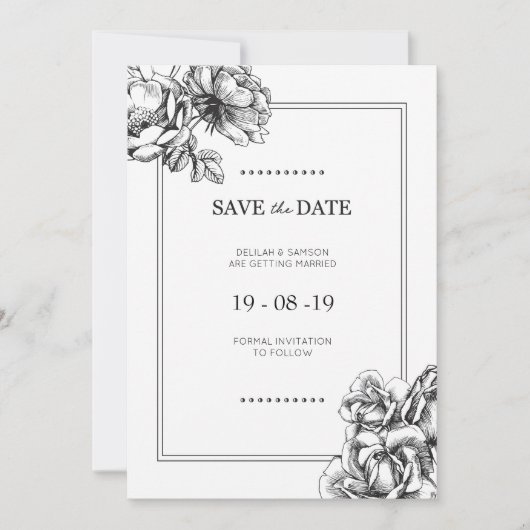 ブラック＆ホワイト エッチング フラワーの結婚式 Save the Dates 招待状 (正面)