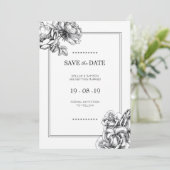 ブラック＆ホワイト エッチング フラワーの結婚式 Save the Dates 招待状 (スタンド正面)
