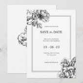 ブラック＆ホワイト エッチング フラワーの結婚式 Save the Dates 招待状 (正面/裏面)