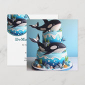 ブラック＆ホワイト オルカクジラ ケーキ バースデー 招待状 (正面/裏面)