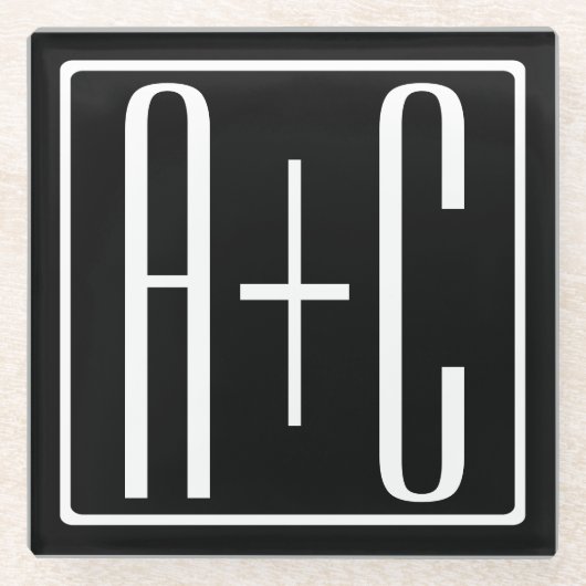 ブラック&ホワイト |カップルイニシャル ガラスコースター (正面)