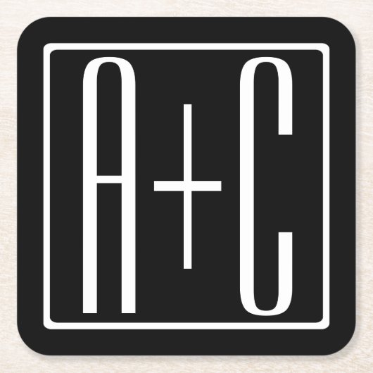 ブラック&ホワイト |カップルイニシャル スクエアペーパーコースター (正面)