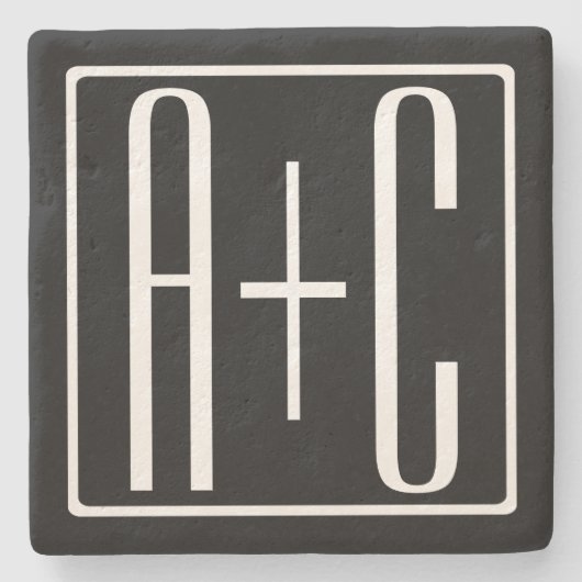 ブラック&ホワイト |カップルイニシャル ストーンコースター (正面)