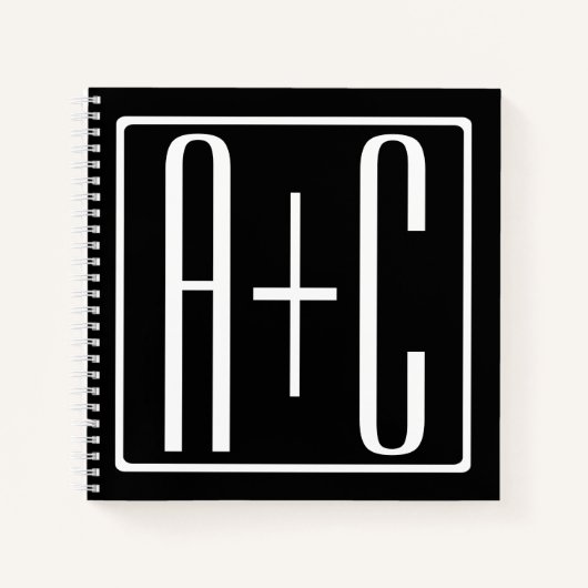 ブラック&ホワイト |カップルイニシャル ノートブック (正面)