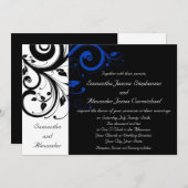 ブラック/ホワイト/コバルトブルーはっきりしたスワール結婚ズ 招待状 (正面/裏面)