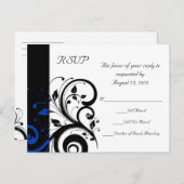 ブラック/ホワイト/コバルトブルー ボールド スワール ウェディング インビテーションポストカード (正面/裏面)