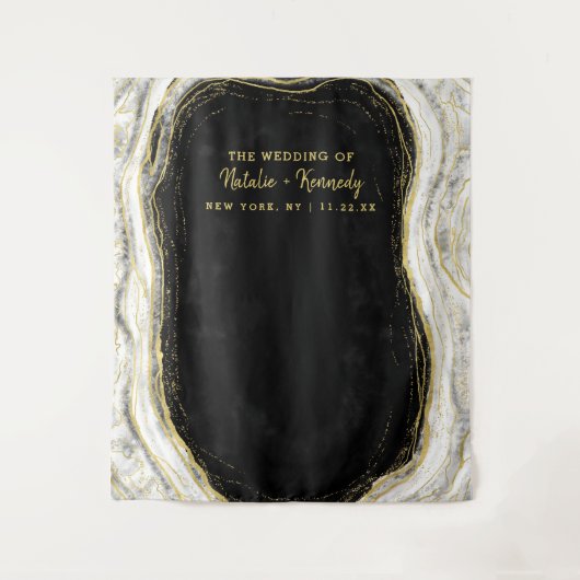 ブラック・ホワイト・ゴールドのジオードロック写真ブース背景 タペストリー (正面)