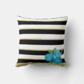 ブラック、ホワイト、ゴールドのストライプに水色のバラのクッション クッション (裏面)