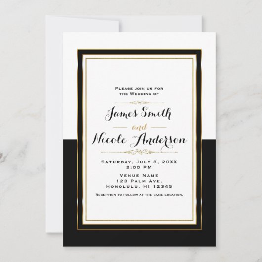 ブラック×ホワイト×ゴールドのモダンでエレガントなウェディング 招待状 (正面)