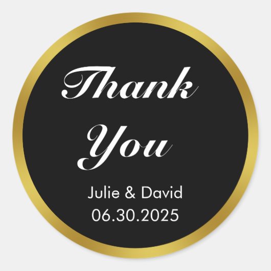 ブラック・ホワイト・ゴールドの結婚式の日付と名前ステッカー ラウンドシール (正面)