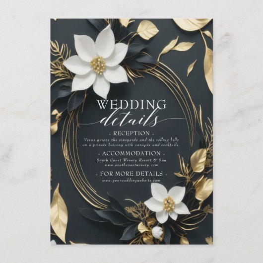 ブラック・ホワイト・ゴールドの花輪の結婚式 詳細 エンクロージャーカード (正面)