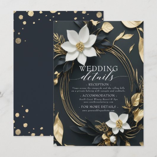 ブラック・ホワイト・ゴールドの花輪の結婚式 詳細 エンクロージャーカード (正面/裏面)