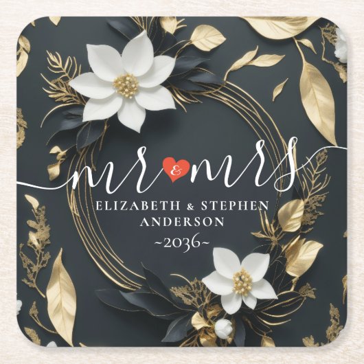 ブラック・ホワイト・ゴールドの花輪 ウェディング Mr. Mrs. スクエアペーパーコースター (正面)