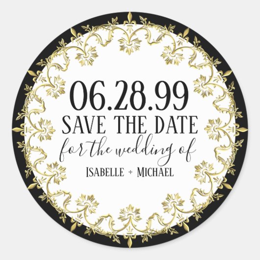 ブラック、ホワイト、ゴールドエレガント日付を保存 ラウンドシール (正面)