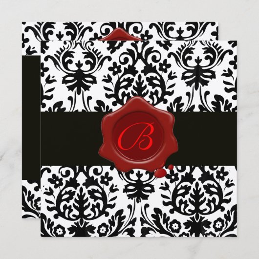 ブラック&ホワイト ゴールド ダマスク, 赤いワックス シール モノグラム 招待状 (正面/裏面)