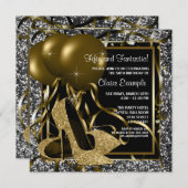 ブラック ホワイト ゴールド ハイヒール 女性の誕生日パーティー 招待状 (正面/裏面)