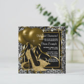 ブラック ホワイト ゴールド ハイヒール 女性の誕生日パーティー 招待状 (スタンド正面)