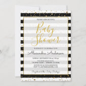 ブラック＆ホワイト ゴールド フォイル ハート 女の子のベビーシャワー 招待状 (正面)